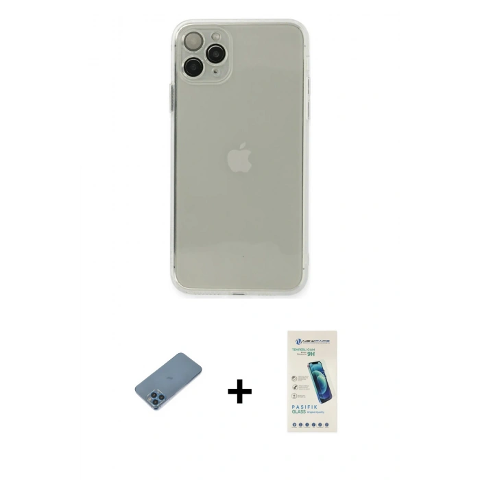 MARSİLYAN™- iPhone 11 Pro Kılıf Ahenk Doku - Şeffaf Pasifik Cam Ekran Koruyucu + Shine Kamera Lens Koruma Cam - MI