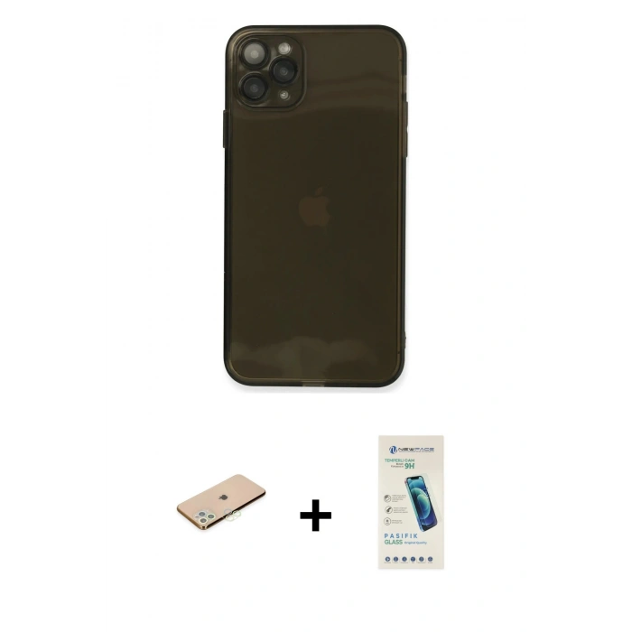 MARSİLYAN™- iPhone 11 Pro Kılıf Ahenk Doku - Şeffaf Pasifik Cam Ekran Koruyucu + Yeşil Renkli Kamera Lens Koruma Cam