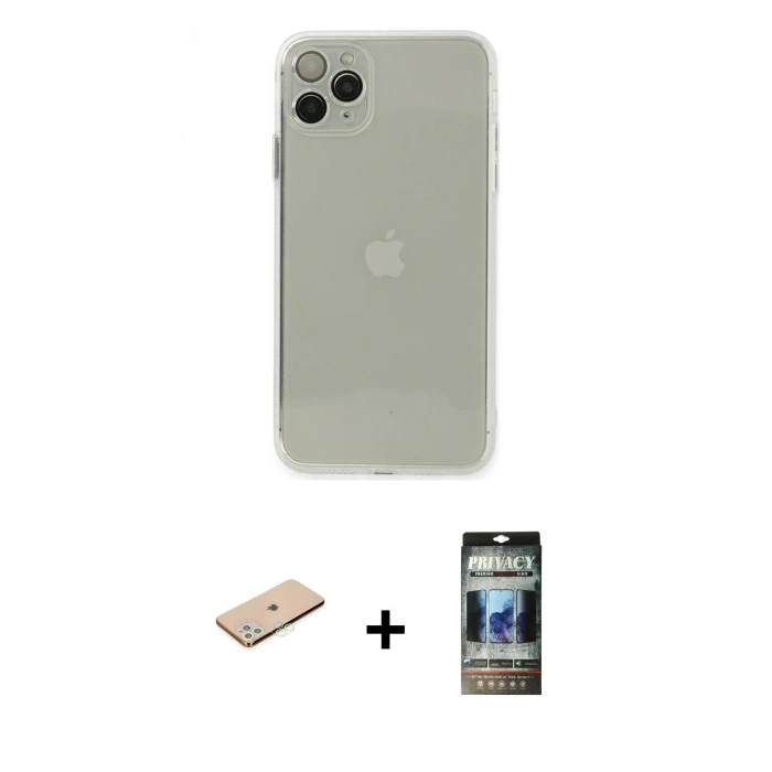 MARSİLYAN™- iPhone 11 Pro Kılıf Ahenk Doku - Siyah 34D Hayalet Izgaralı Cam + Renkli Kamera Lens Koruma Cam - YL