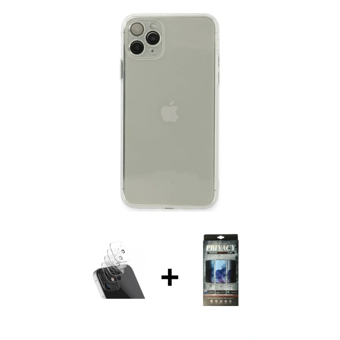 MARSİLYAN™- iPhone 11 Pro Kılıf Ahenk Doku - Siyah 34D Hayalet Izgaralı Cam + Kamera Lens Koruma Cam - SF