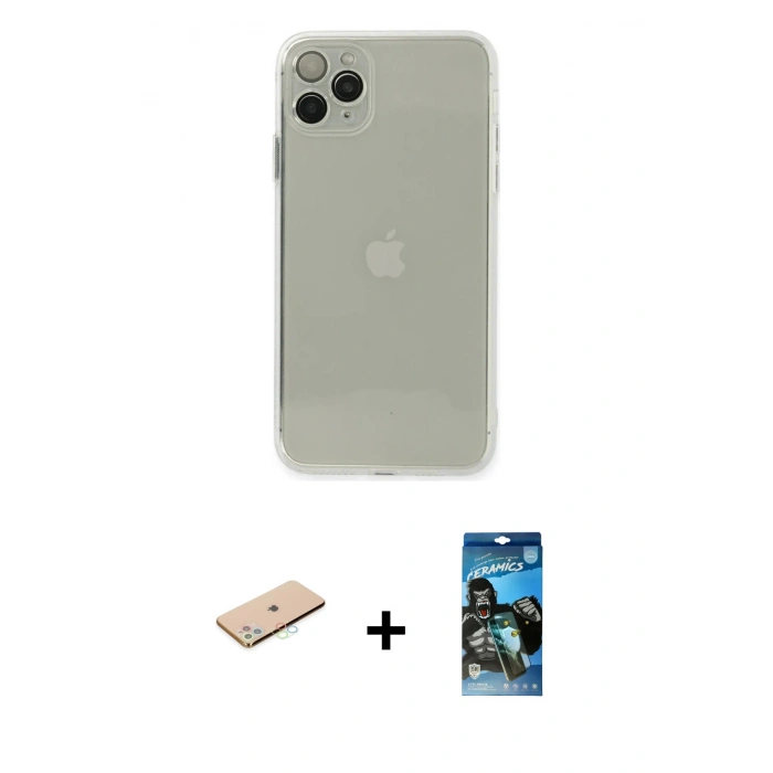 MARSİLYAN™- iPhone 11 Pro Kılıf Ahenk Doku - Siyah 34D Izgaralı Cam + Renkli Kamera Lens Koruma Cam - MI