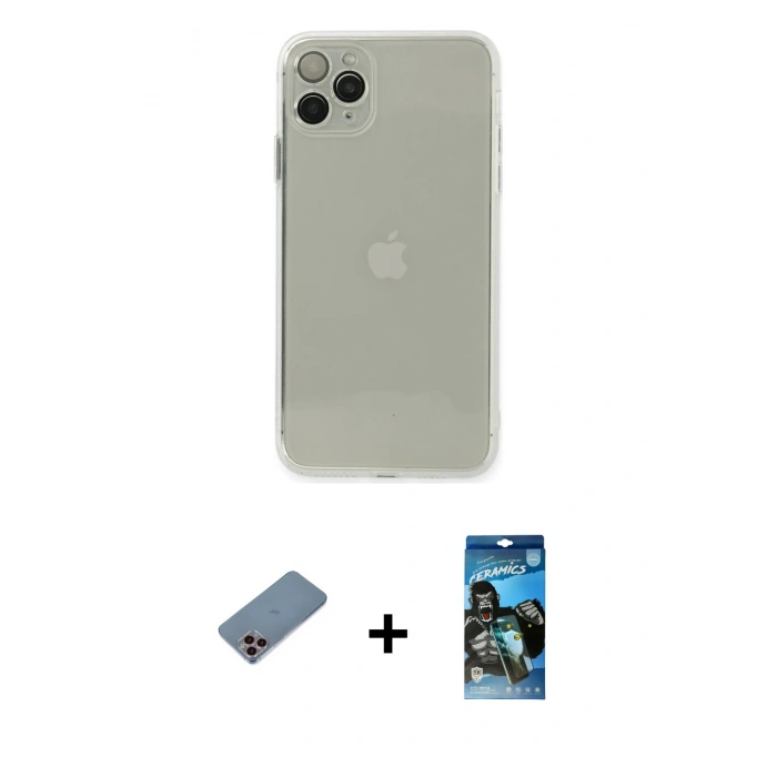 MARSİLYAN™- iPhone 11 Pro Kılıf Ahenk Doku - Siyah 34D Izgaralı Cam + Shine Kamera Lens Koruma Cam - PE