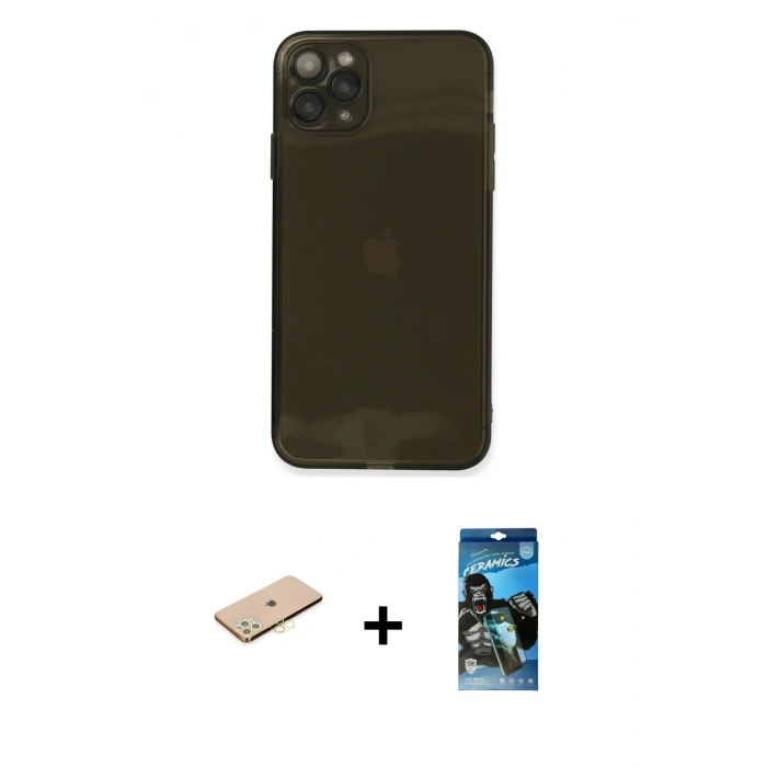 MARSİLYAN™- iPhone 11 Pro Kılıf Ahenk Doku - Siyah 34D Izgaralı Cam + Renkli Kamera Lens Koruma Cam - SI