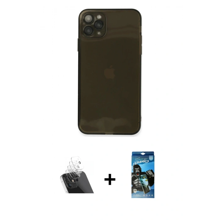 MARSİLYAN™- iPhone 11 Pro Kılıf Ahenk Doku - Siyah 34D Izgaralı Cam + Kamera Lens Koruma Cam - SF