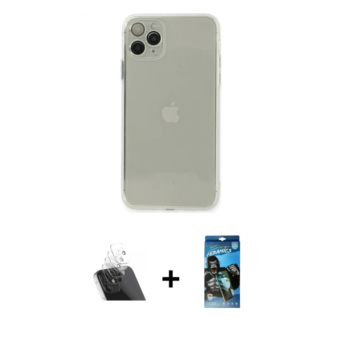 MARSİLYAN™- iPhone 11 Pro Kılıf Ahenk Doku - Siyah 34D Izgaralı Cam + Kamera Lens Koruma Cam - SF
