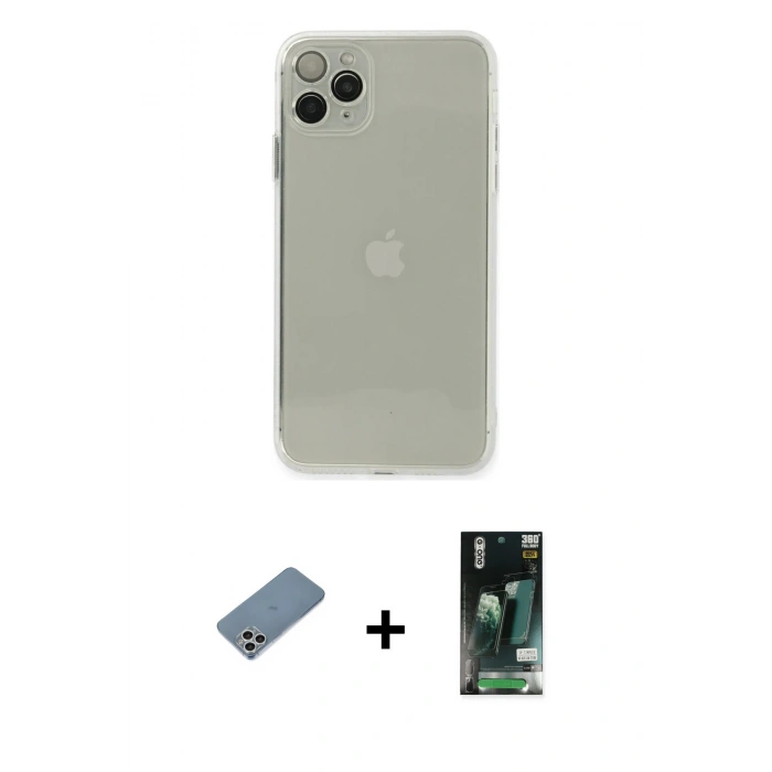 MARSİLYAN™- iPhone 11 Pro Kılıf Ahenk Doku - Siyah 360 Mat Full Body Arka Koruyucu + Shine Kamera Lens Koruma Cam - GS