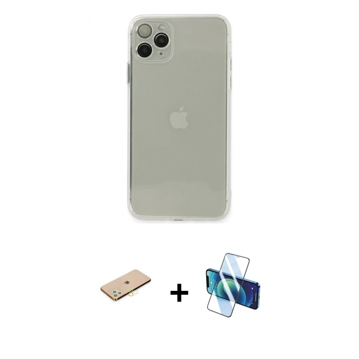 MARSİLYAN™- iPhone 11 Pro Kılıf Ahenk Doku - Siyah 3D Antistatik Cam Ekran Koruyucu + Renkli Kamera Lens Koruma Cam - SI