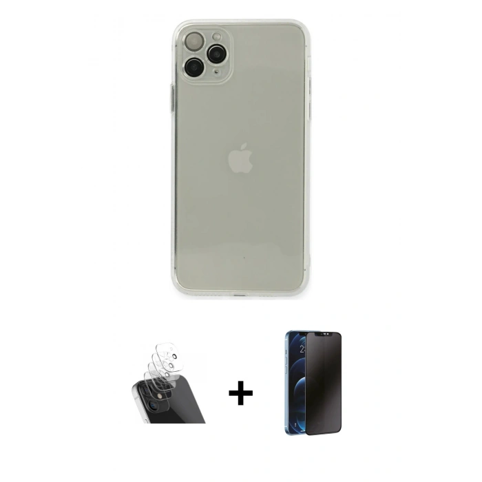 MARSİLYAN™- iPhone 11 Pro Kılıf Ahenk Doku - Siyah 3D Antistatik Hayalet Cam Ekran Koruyucu + Kamera Lens Koruma Cam - SF