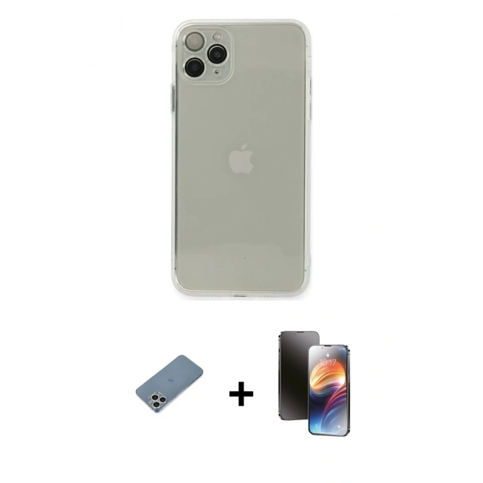 MARSİLYAN™- iPhone 11 Pro Kılıf Ahenk Doku - Siyah 3D Antistatik Mat Seramik Nano Ekran Koruyucu + Gümüş Shine Kamera Lens Koruma Cam