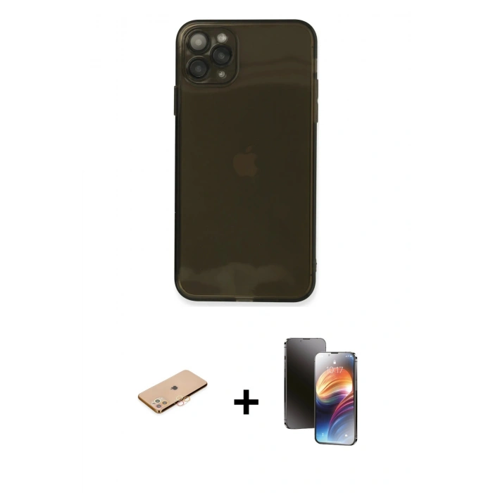 MARSİLYAN™- iPhone 11 Pro Kılıf Ahenk Doku - Siyah 3D Antistatik Mat Seramik Nano Ekran Koruyucu + Renkli Kamera Lens Koruma Cam - TU