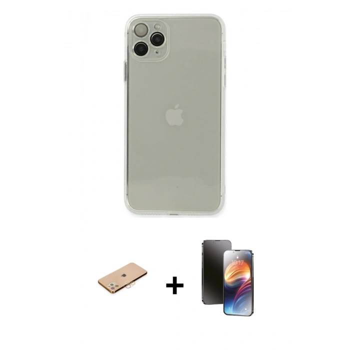 MARSİLYAN™- iPhone 11 Pro Kılıf Ahenk Doku - Siyah 3D Antistatik Mat Seramik Nano Ekran Koruyucu + Renkli Kamera Lens Koruma Cam - TU