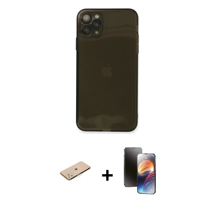 MARSİLYAN™- iPhone 11 Pro Kılıf Ahenk Doku - Siyah 3D Antistatik Mat Seramik Nano Ekran Koruyucu + Renkli Kamera Lens Koruma Cam - YL