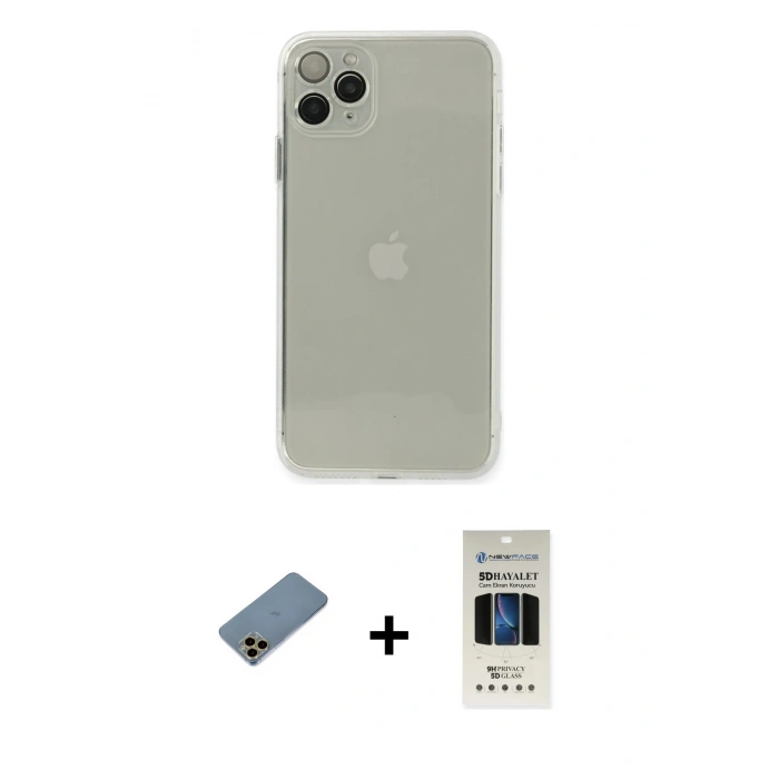 MARSİLYAN™- iPhone 11 Pro Kılıf Ahenk Doku - Siyah 5D Hayalet Cam Ekran Koruyucu + Shine Kamera Lens Koruma Cam - GD