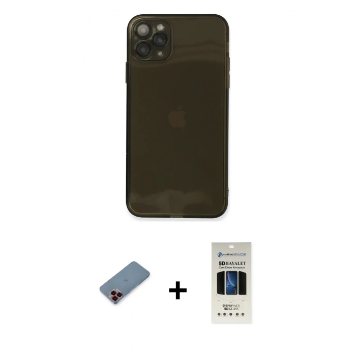 MARSİLYAN™- iPhone 11 Pro Kılıf Ahenk Doku - Siyah 5D Hayalet Cam Ekran Koruyucu + Metal Kamera Lens Koruma Cam - KI