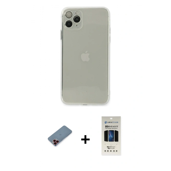MARSİLYAN™- iPhone 11 Pro Kılıf Ahenk Doku - Siyah 5D Hayalet Cam Ekran Koruyucu + Metal Kamera Lens Koruma Cam - KI