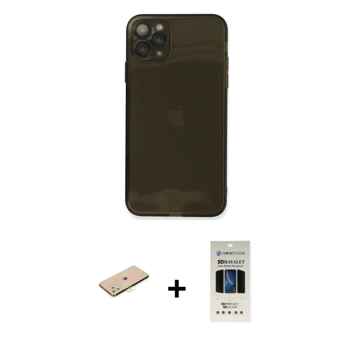 MARSİLYAN™- iPhone 11 Pro Kılıf Ahenk Doku - Siyah 5D Hayalet Cam Ekran Koruyucu + Renkli Kamera Lens Koruma Cam - PE