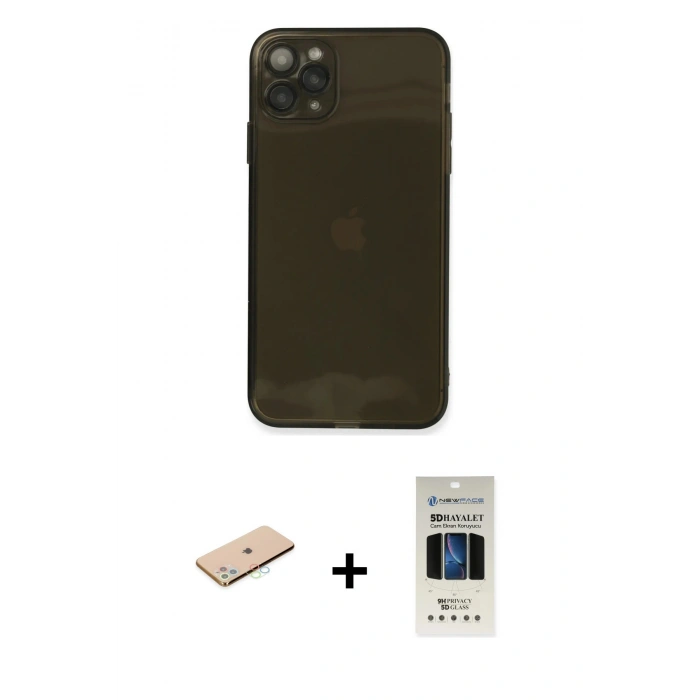 MARSİLYAN™- iPhone 11 Pro Kılıf Ahenk Doku - Siyah 5D Hayalet Cam Ekran Koruyucu + Renkli Kamera Lens Koruma Cam - MI