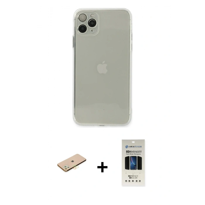 MARSİLYAN™- iPhone 11 Pro Kılıf Ahenk Doku - Siyah 5D Hayalet Cam Ekran Koruyucu + Renkli Kamera Lens Koruma Cam - SI