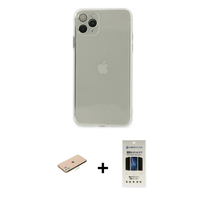 MARSİLYAN™- iPhone 11 Pro Kılıf Ahenk Doku - Siyah 5D Hayalet Cam Ekran Koruyucu + Renkli Kamera Lens Koruma Cam - MI