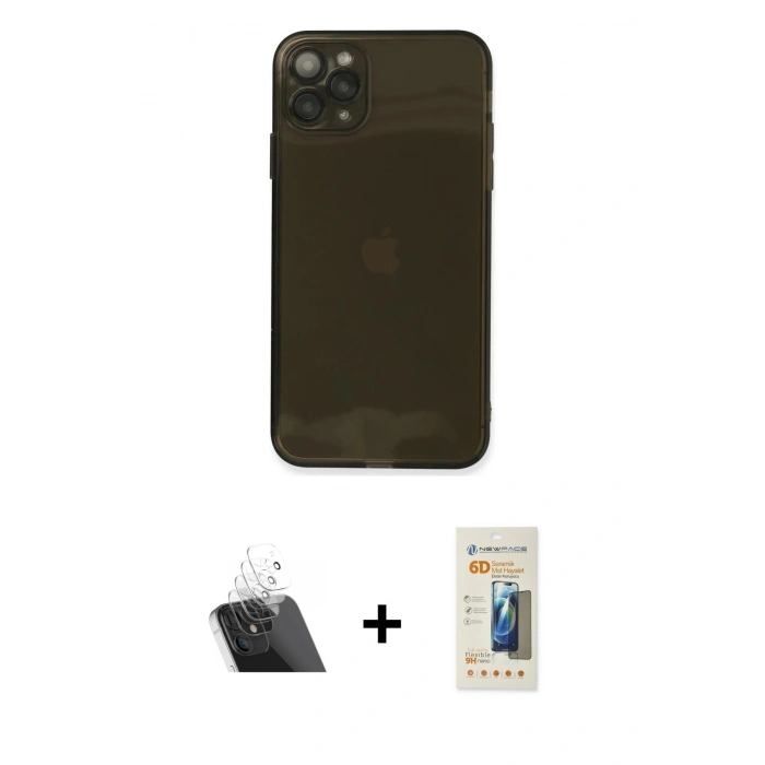 MARSİLYAN™- iPhone 11 Pro Kılıf Ahenk Doku - Siyah 6D Mat Seramik Hayalet Nano Ekran Koruyucu + Kamera Lens Koruma Cam - SF