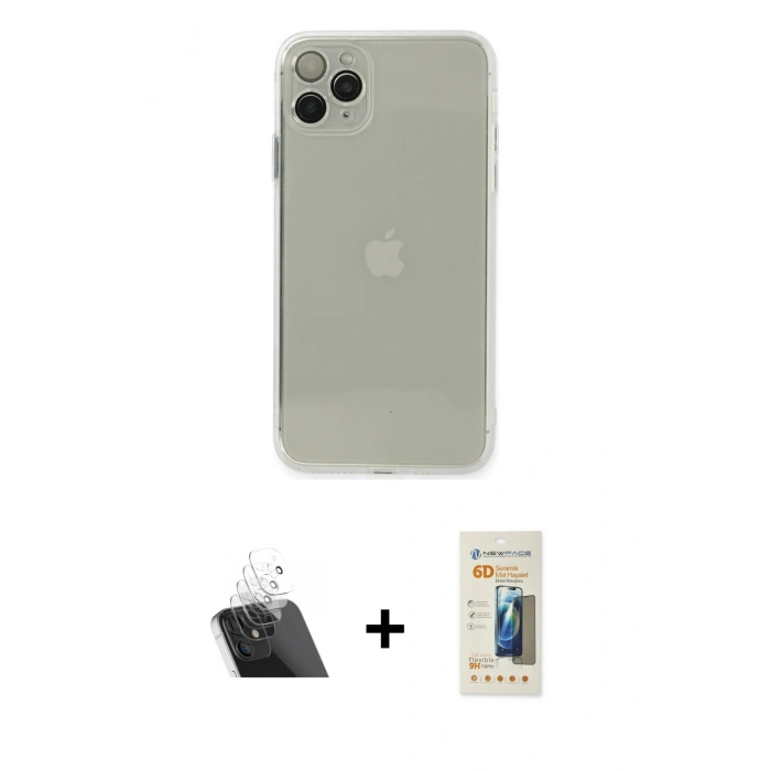 MARSİLYAN™- iPhone 11 Pro Kılıf Ahenk Doku - Siyah 6D Mat Seramik Hayalet Nano Ekran Koruyucu + Kamera Lens Koruma Cam - SF