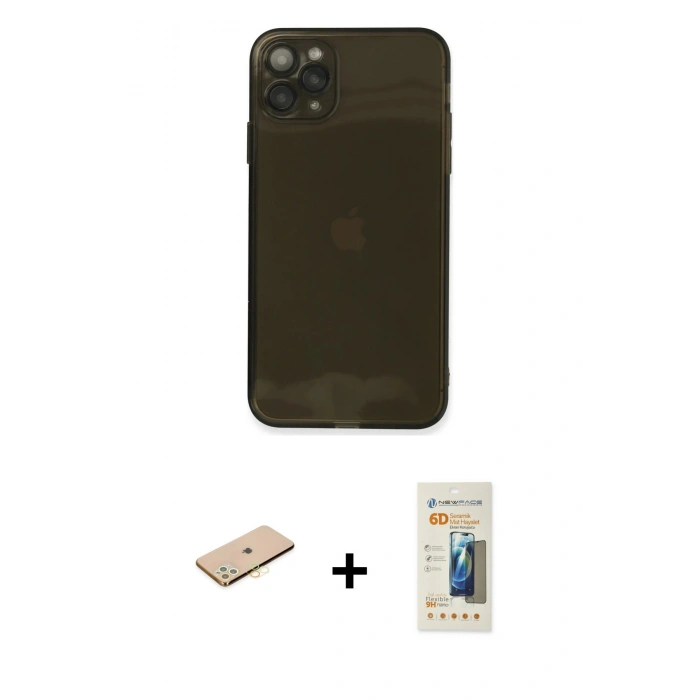 MARSİLYAN™- iPhone 11 Pro Kılıf Ahenk Doku - Siyah 6D Mat Seramik Hayalet Nano Ekran Koruyucu + Renkli Kamera Lens Koruma Cam - PE