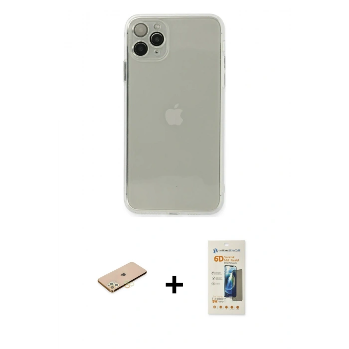 MARSİLYAN™- iPhone 11 Pro Kılıf Ahenk Doku - Siyah 6D Mat Seramik Hayalet Nano Ekran Koruyucu + Renkli Kamera Lens Koruma Cam - PE