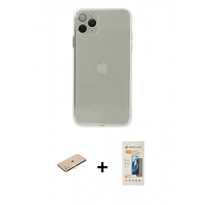 MARSİLYAN™- iPhone 11 Pro Kılıf Ahenk Doku - Siyah 6D Mat Seramik Hayalet Nano Ekran Koruyucu + Renkli Kamera Lens Koruma Cam - SI
