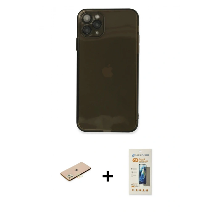 MARSİLYAN™- iPhone 11 Pro Kılıf Ahenk Doku - Siyah 6D Mat Seramik Hayalet Nano Ekran Koruyucu + Renkli Kamera Lens Koruma Cam - SI