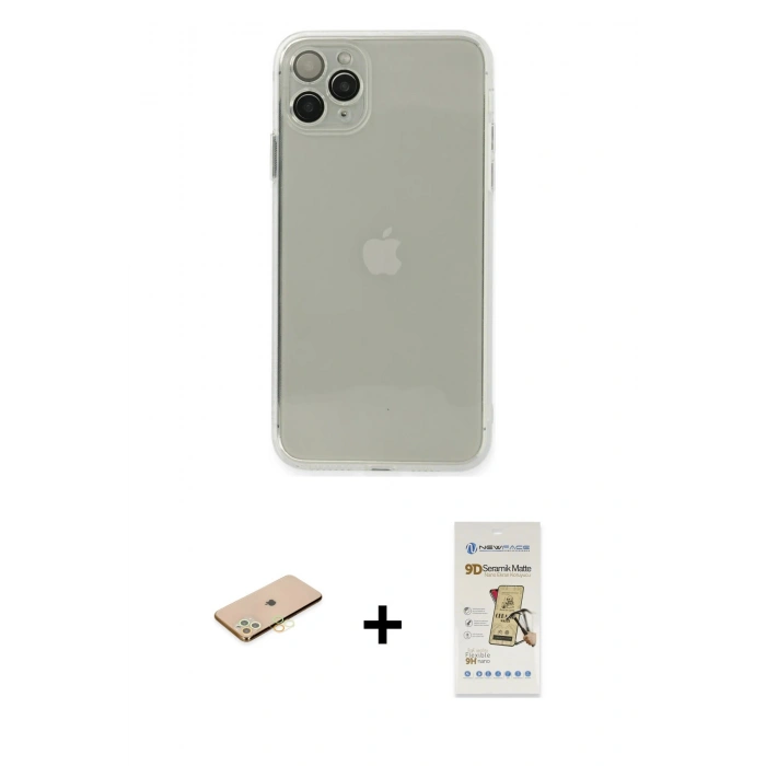 MARSİLYAN™- iPhone 11 Pro Kılıf Ahenk Doku - Siyah Mat Seramik Nano Ekran Koruyucu + Renkli Kamera Lens Koruma Cam - PE