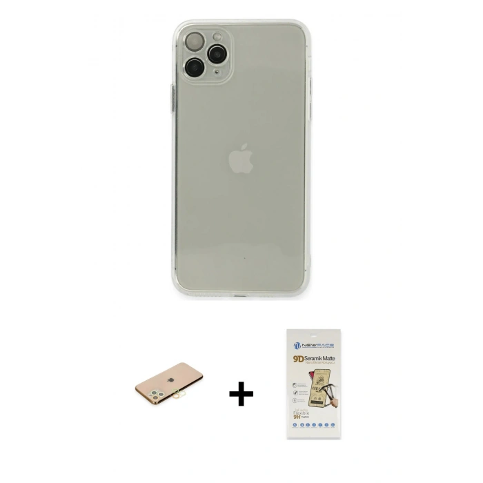 MARSİLYAN™- iPhone 11 Pro Kılıf Ahenk Doku - Siyah Mat Seramik Nano Ekran Koruyucu + Renkli Kamera Lens Koruma Cam - SI