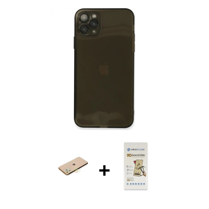 MARSİLYAN™- iPhone 11 Pro Kılıf Ahenk Doku - Siyah Mat Seramik Nano Ekran Koruyucu + Renkli Kamera Lens Koruma Cam - SI