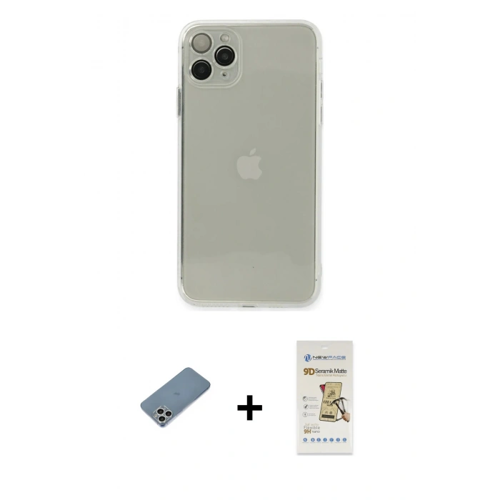 MARSİLYAN™- iPhone 11 Pro Kılıf Ahenk Doku - Siyah Mat Seramik Nano Ekran Koruyucu + Shine Kamera Lens Koruma Cam - GS