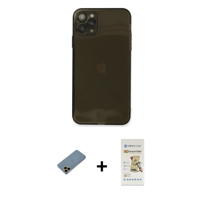 MARSİLYAN™- iPhone 11 Pro Kılıf Ahenk Doku - Siyah Mat Seramik Nano Ekran Koruyucu + Shine Kamera Lens Koruma Cam - GD