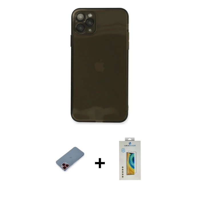 MARSİLYAN™- iPhone 11 Pro Kılıf Ahenk Doku - Siyah Polymer Nano Ekran Koruyucu + Metal Kamera Lens Koruma Cam - KI