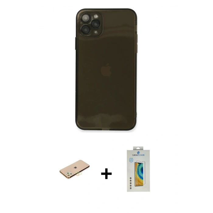 MARSİLYAN™- iPhone 11 Pro Kılıf Ahenk Doku - Siyah Polymer Nano Ekran Koruyucu + Sarı Renkli Kamera Lens Koruma Cam