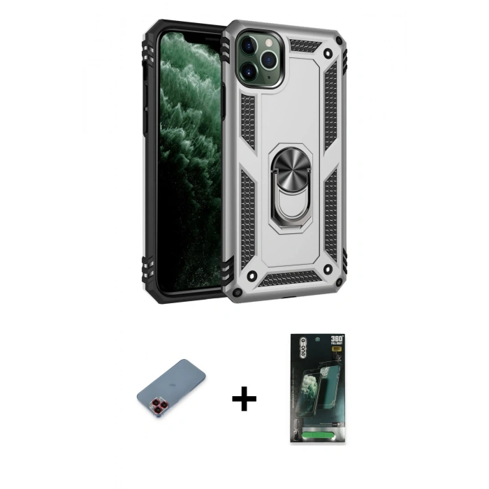 MARSİLYAN™- iPhone 11 Pro Kılıf Ahenk Klasik Koleksiyonu - Şeffaf 360 Full Body Arka Koruyucu + Metal Kamera Lens Koruma Cam - KI