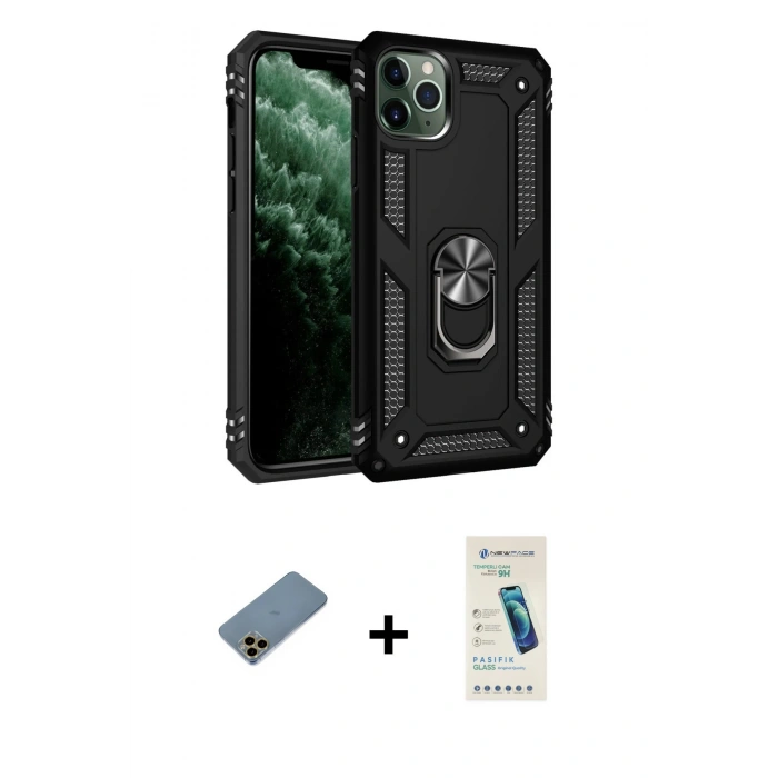 MARSİLYAN™- iPhone 11 Pro Kılıf Ahenk Klasik Koleksiyonu - Şeffaf Pasifik Cam Ekran Koruyucu + Shine Kamera Lens Koruma Cam - GD