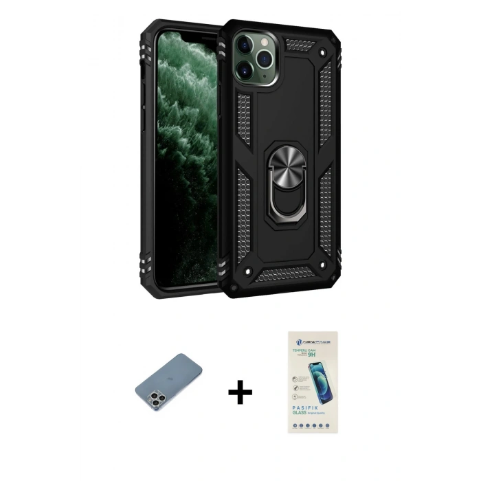 MARSİLYAN™- iPhone 11 Pro Kılıf Ahenk Klasik Koleksiyonu - Şeffaf Pasifik Cam Ekran Koruyucu + Shine Kamera Lens Koruma Cam - GS