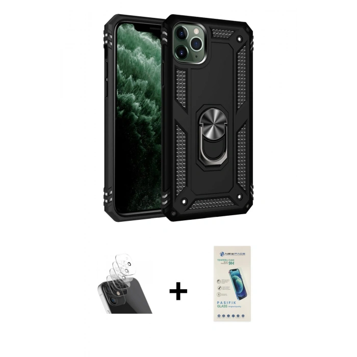 MARSİLYAN™- iPhone 11 Pro Kılıf Ahenk Klasik Koleksiyonu - Şeffaf Pasifik Cam Ekran Koruyucu + Kamera Lens Koruma Cam - SF