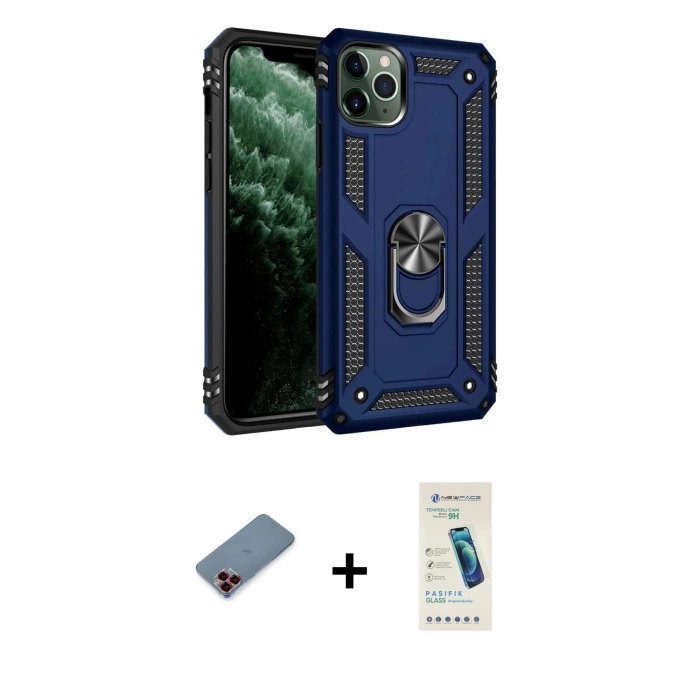 MARSİLYAN™- iPhone 11 Pro Kılıf Ahenk Klasik Koleksiyonu - Şeffaf Pasifik Cam Ekran Koruyucu + Metal Kamera Lens Koruma Cam - KI