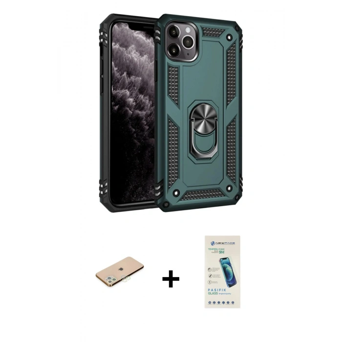 MARSİLYAN™- iPhone 11 Pro Kılıf Ahenk Klasik Koleksiyonu - Şeffaf Pasifik Cam Ekran Koruyucu + Renkli Kamera Lens Koruma Cam - YL