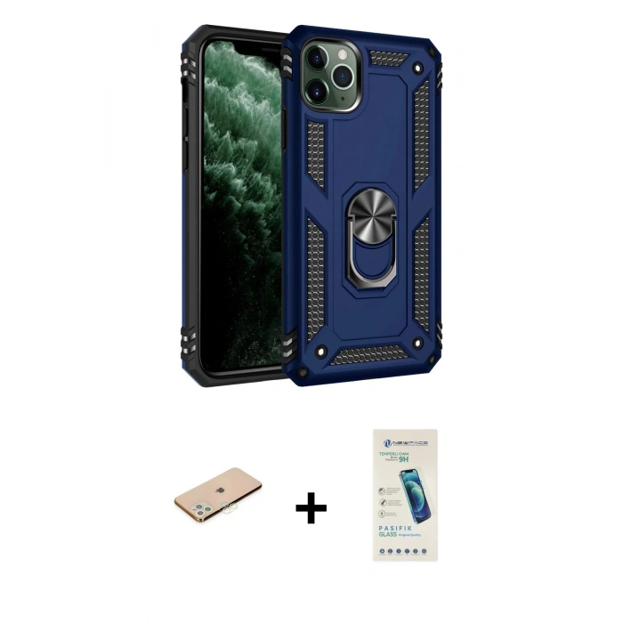 MARSİLYAN™- iPhone 11 Pro Kılıf Ahenk Klasik Koleksiyonu - Şeffaf Pasifik Cam Ekran Koruyucu + Renkli Kamera Lens Koruma Cam - YL
