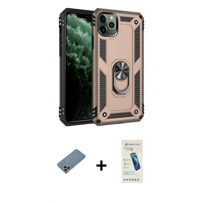 MARSİLYAN™- iPhone 11 Pro Kılıf Ahenk Klasik Koleksiyonu - Şeffaf Pasifik Cam Ekran Koruyucu + Shine Kamera Lens Koruma Cam - GI