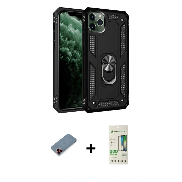 MARSİLYAN™- iPhone 11 Pro Kılıf Ahenk Klasik Koleksiyonu - Siyah 20D Premium Cam Ekran Koruyucu + Metal Kamera Lens Koruma Cam - KI