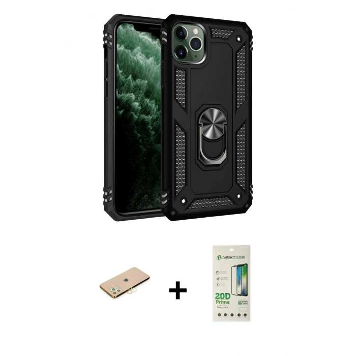 MARSİLYAN™- iPhone 11 Pro Kılıf Ahenk Klasik Koleksiyonu - Siyah 20D Premium Cam Ekran Koruyucu + Renkli Kamera Lens Koruma Cam - SI