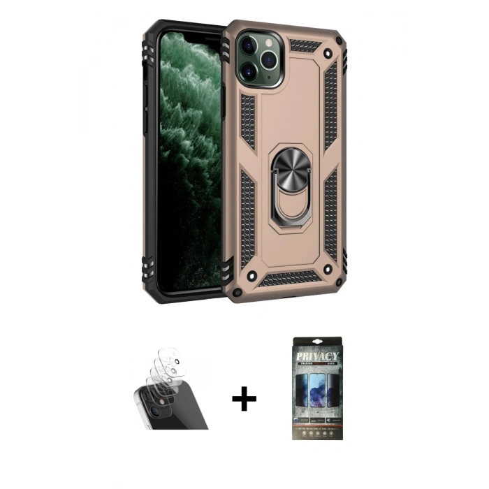 MARSİLYAN™- iPhone 11 Pro Kılıf Ahenk Klasik Koleksiyonu - Siyah 34D Hayalet Izgaralı Cam + Kamera Lens Koruma Cam - SF