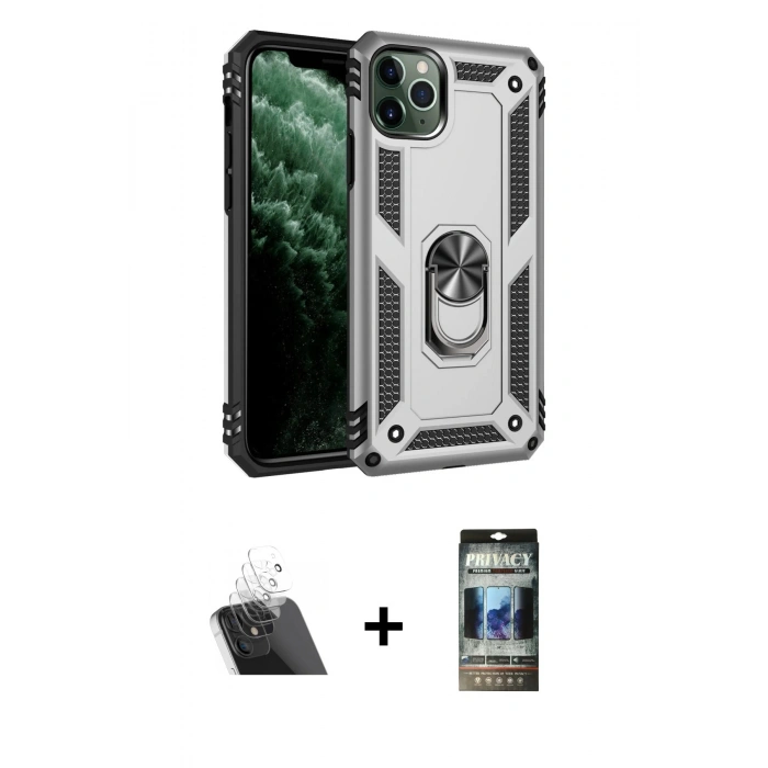 MARSİLYAN™- iPhone 11 Pro Kılıf Ahenk Klasik Koleksiyonu - Siyah 34D Hayalet Izgaralı Cam + Kamera Lens Koruma Cam - SF