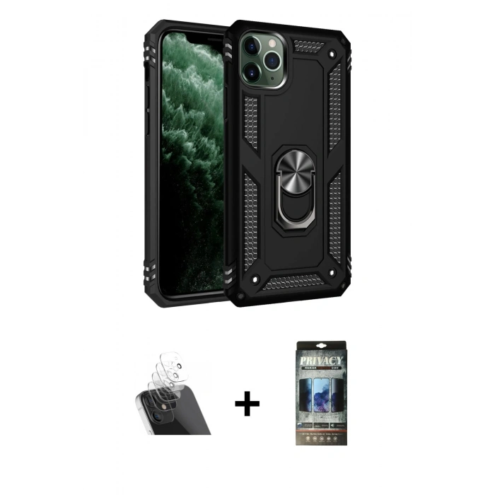 MARSİLYAN™- iPhone 11 Pro Kılıf Ahenk Klasik Koleksiyonu - Siyah 34D Hayalet Izgaralı Cam + Kamera Lens Koruma Cam - SF