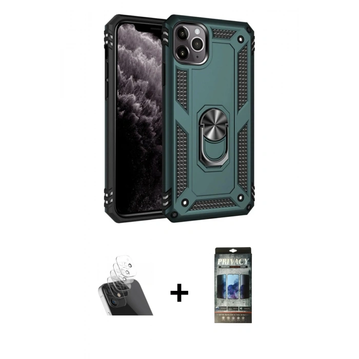 MARSİLYAN™- iPhone 11 Pro Kılıf Ahenk Klasik Koleksiyonu - Siyah 34D Hayalet Izgaralı Cam + Kamera Lens Koruma Cam - SF